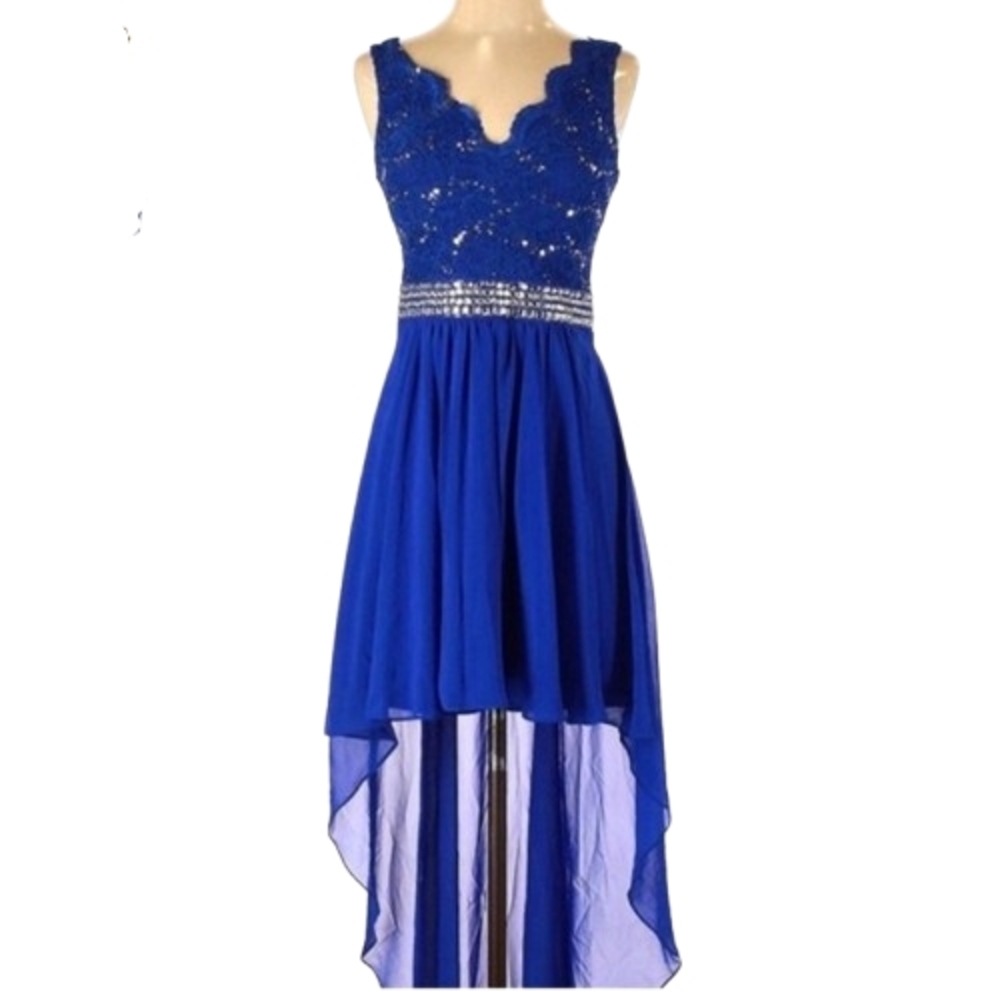 Size 9 Blue High Low Prom Dress Sparkly Detail Scalloped Neckline